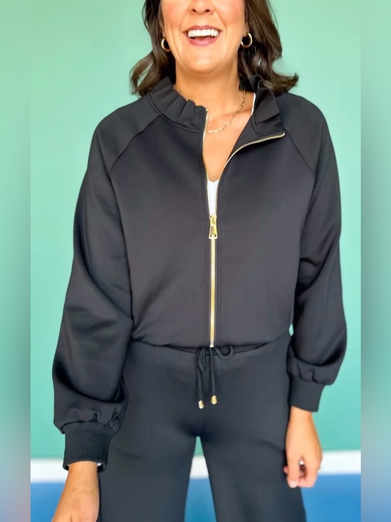 SSYS Jackets & Blazers - SSYS The Label Black Scuba Ruffle Neck Full Zip Jacket XL Stretch Athleisure